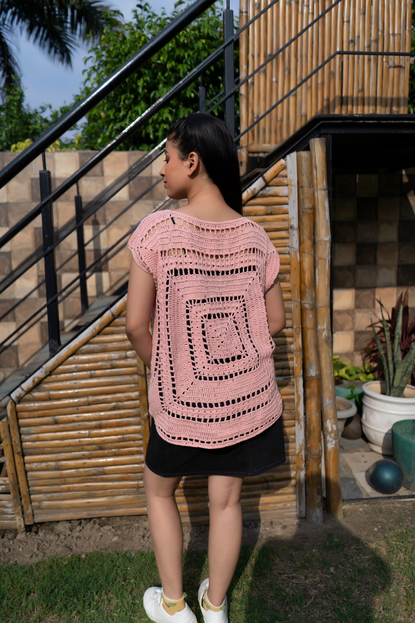 Blush Pink Granny Square Crochet Tunic