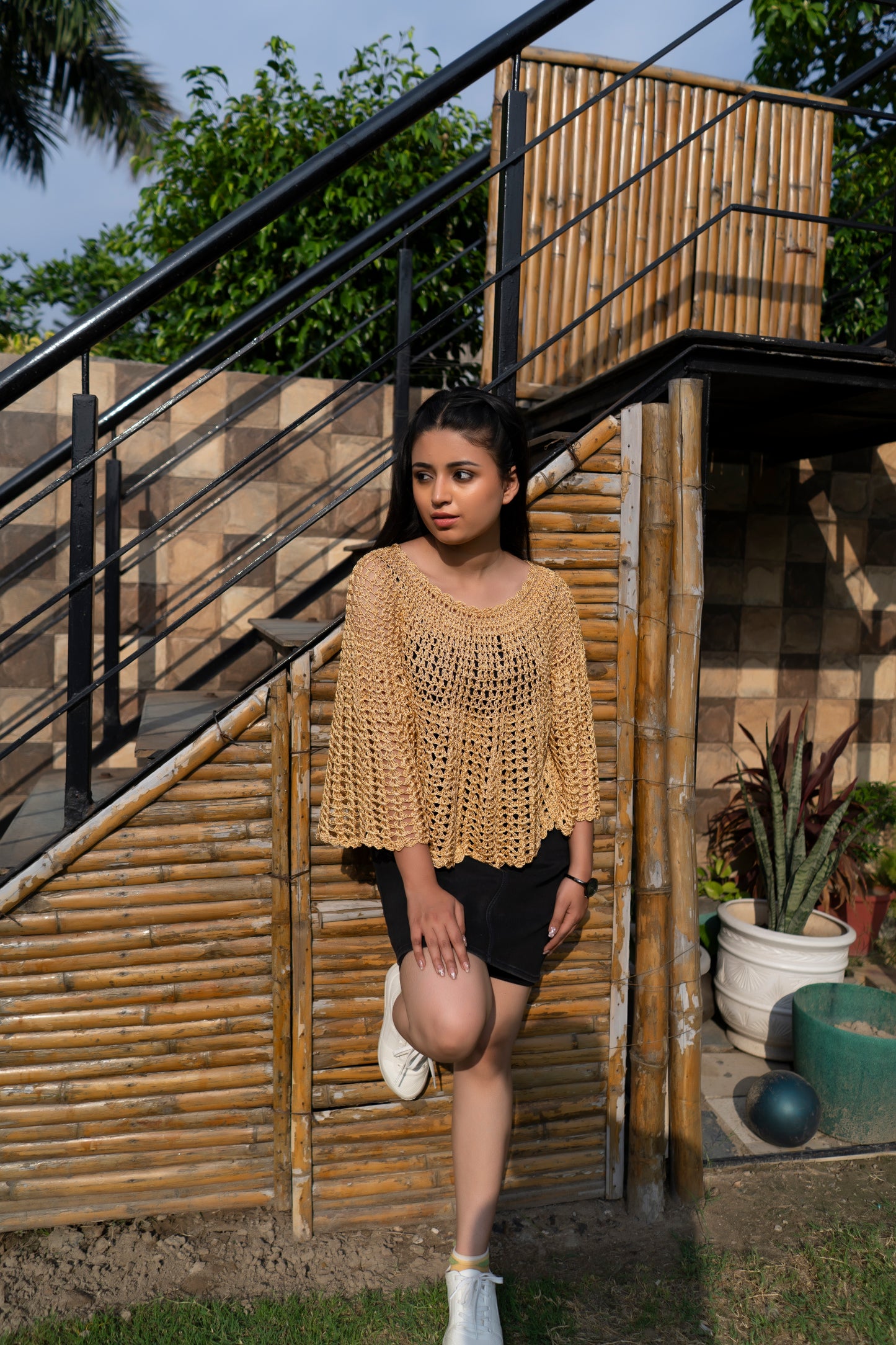Golden Beige Handmade Mesh Pullover