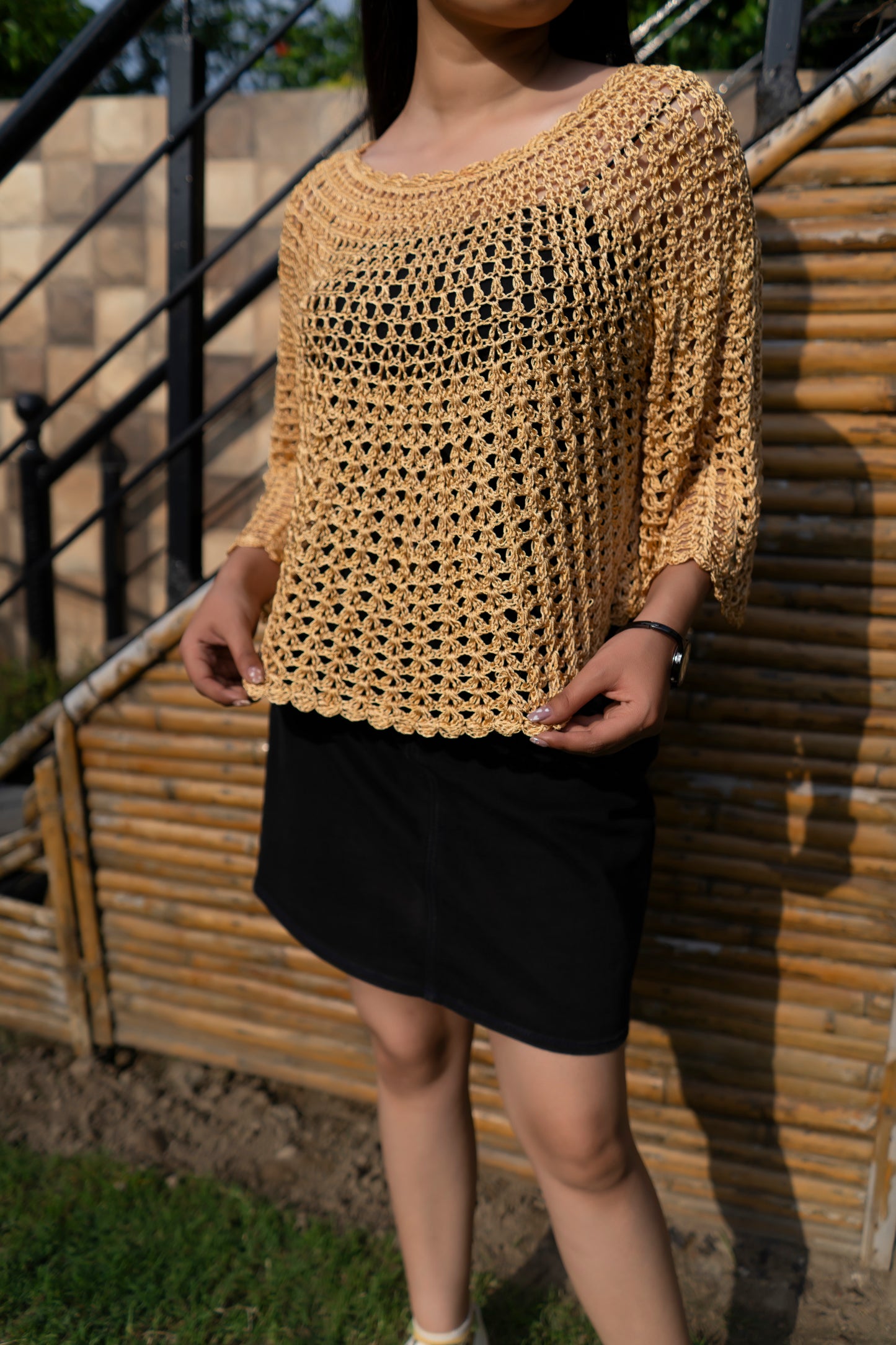 Golden Beige Handmade Mesh Pullover