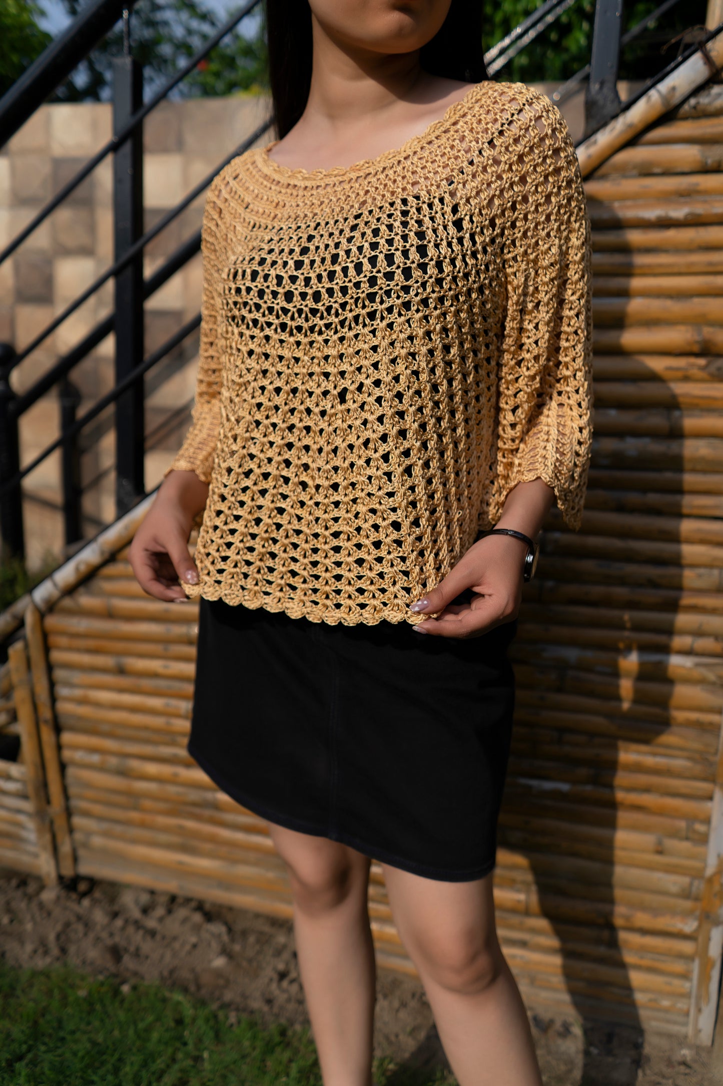 Golden Beige Handmade Mesh Pullover