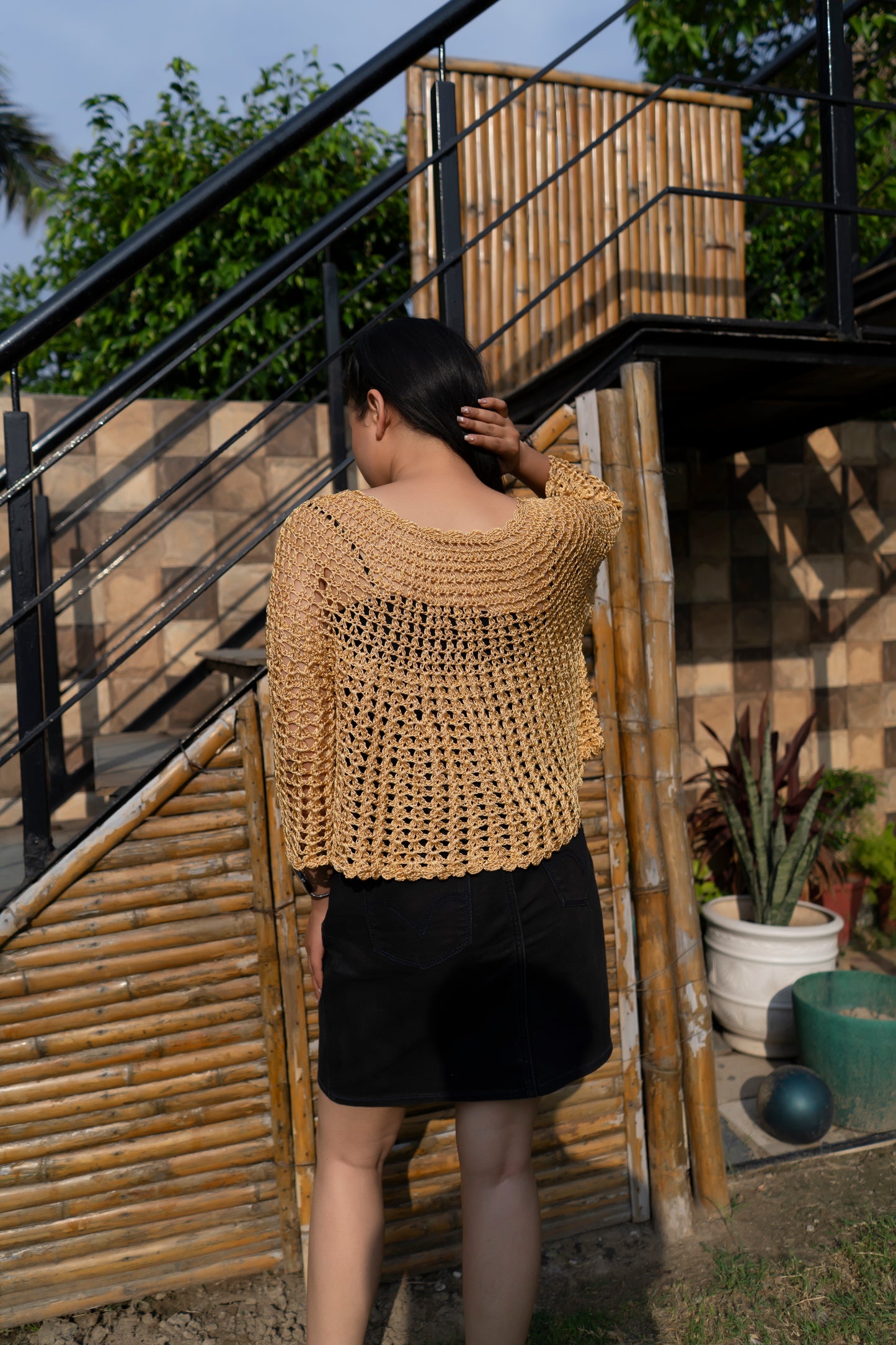 Golden Beige Handmade Mesh Pullover