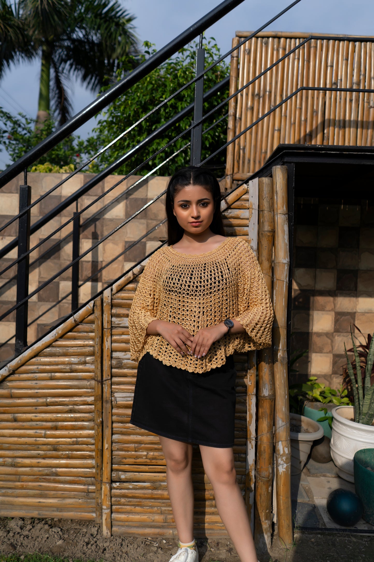 Golden Beige Handmade Mesh Pullover