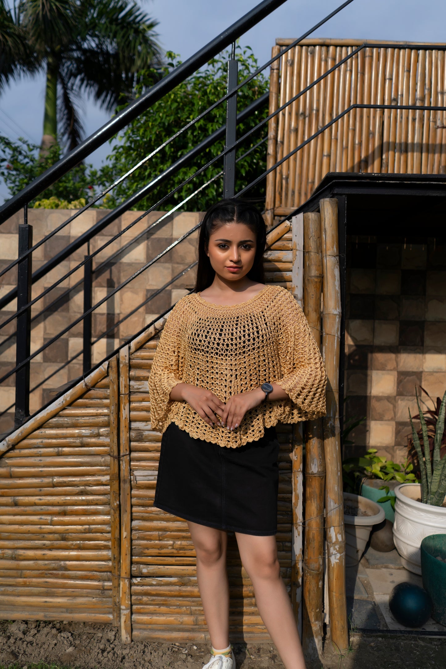 Golden Beige Handmade Mesh Pullover