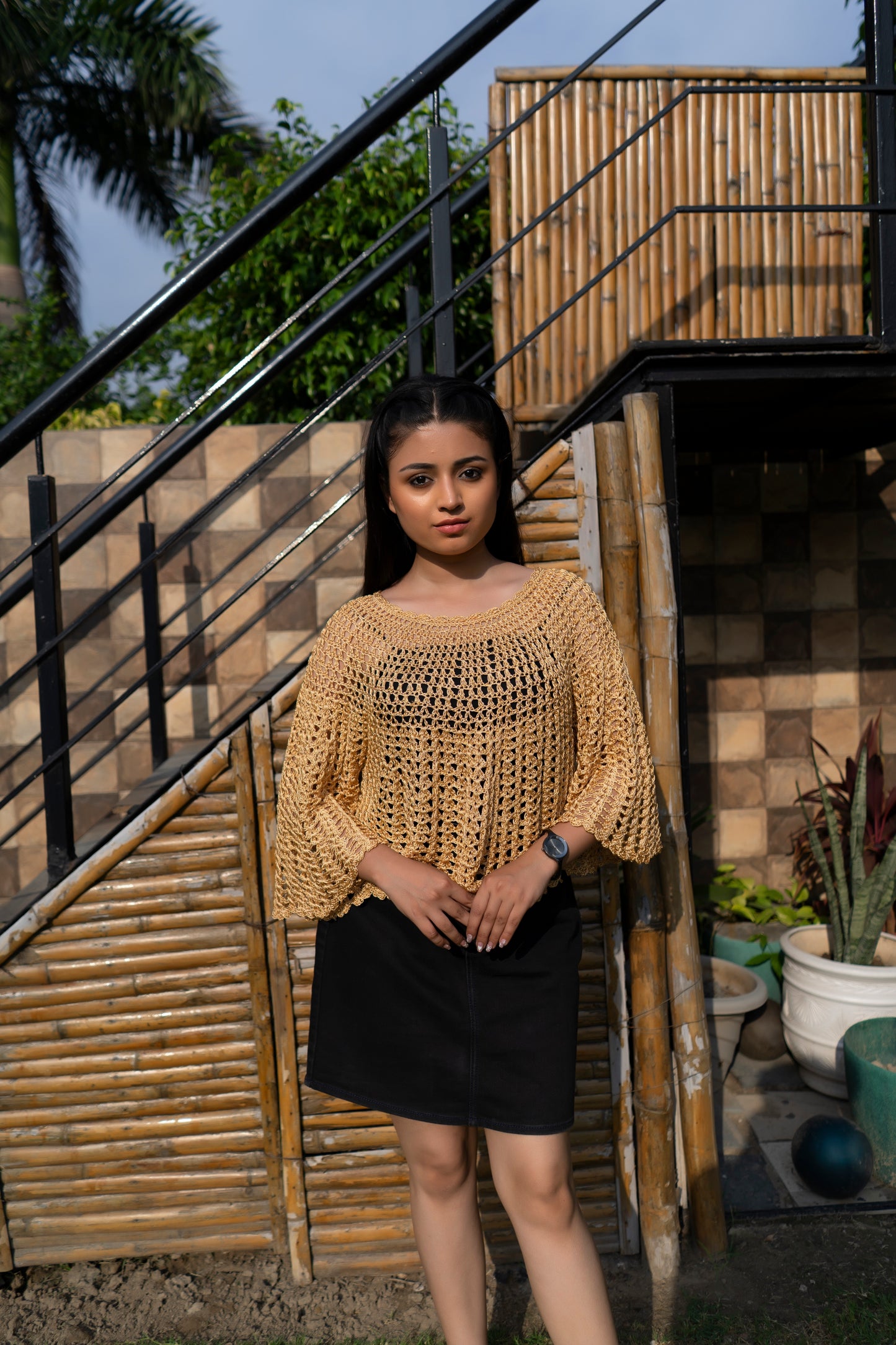 Golden Beige Handmade Mesh Pullover