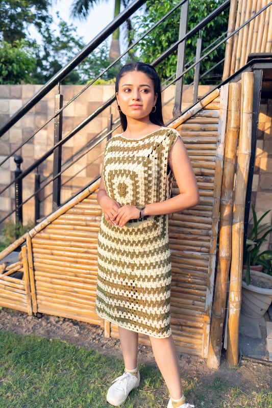 Olive White Handmade Granny Square Dress