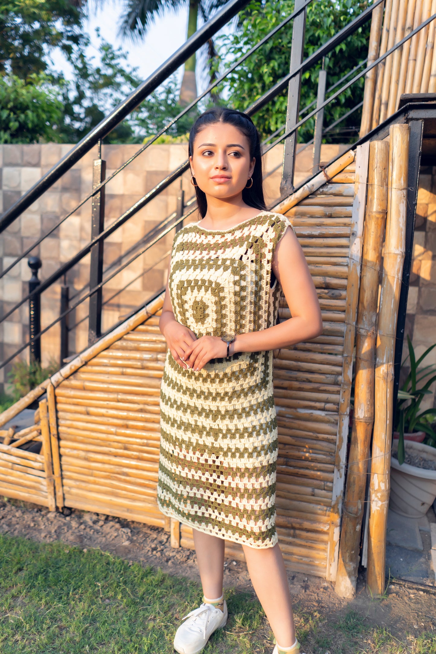 Olive White Handmade Granny Square Dress