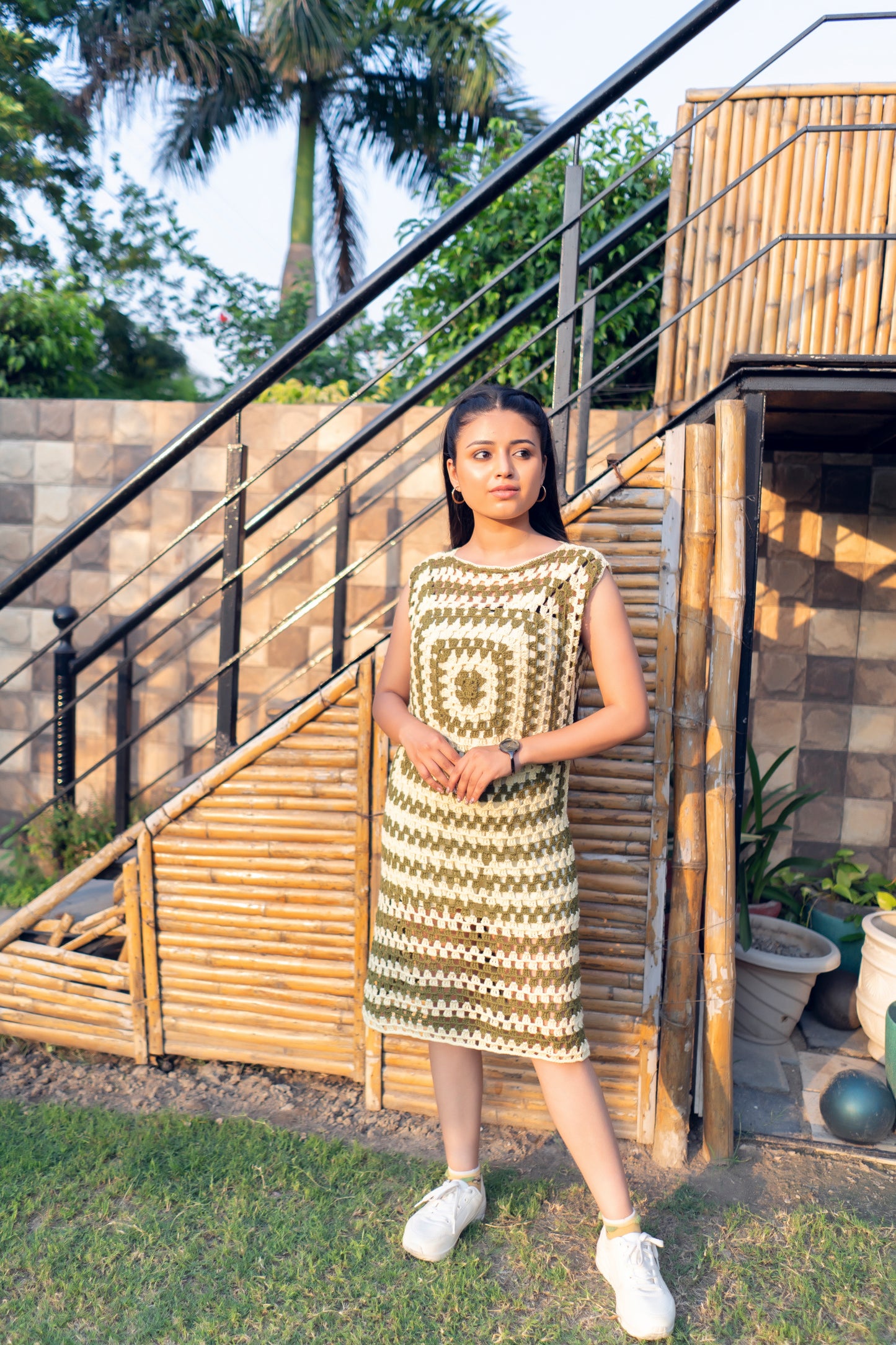 Olive White Handmade Granny Square Dress