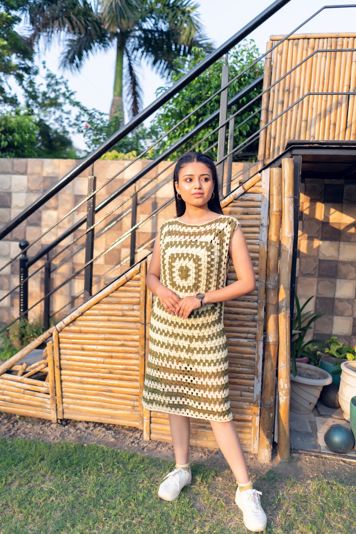 Olive White Handmade Granny Square Dress