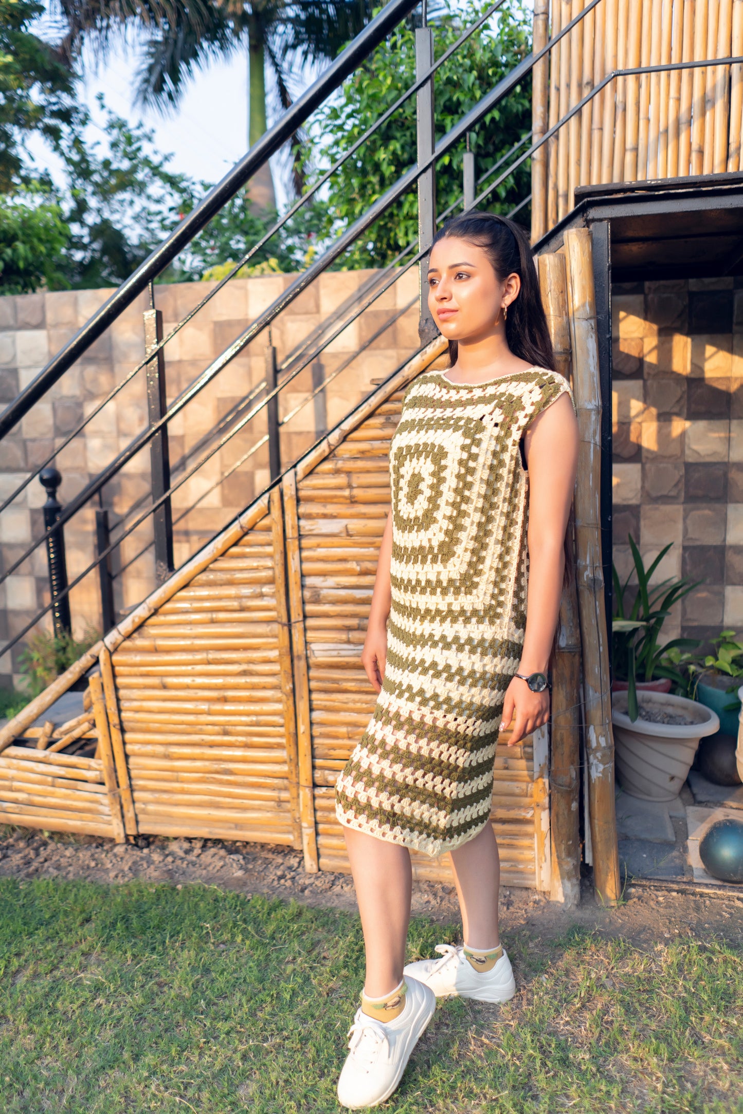 Olive White Handmade Granny Square Dress