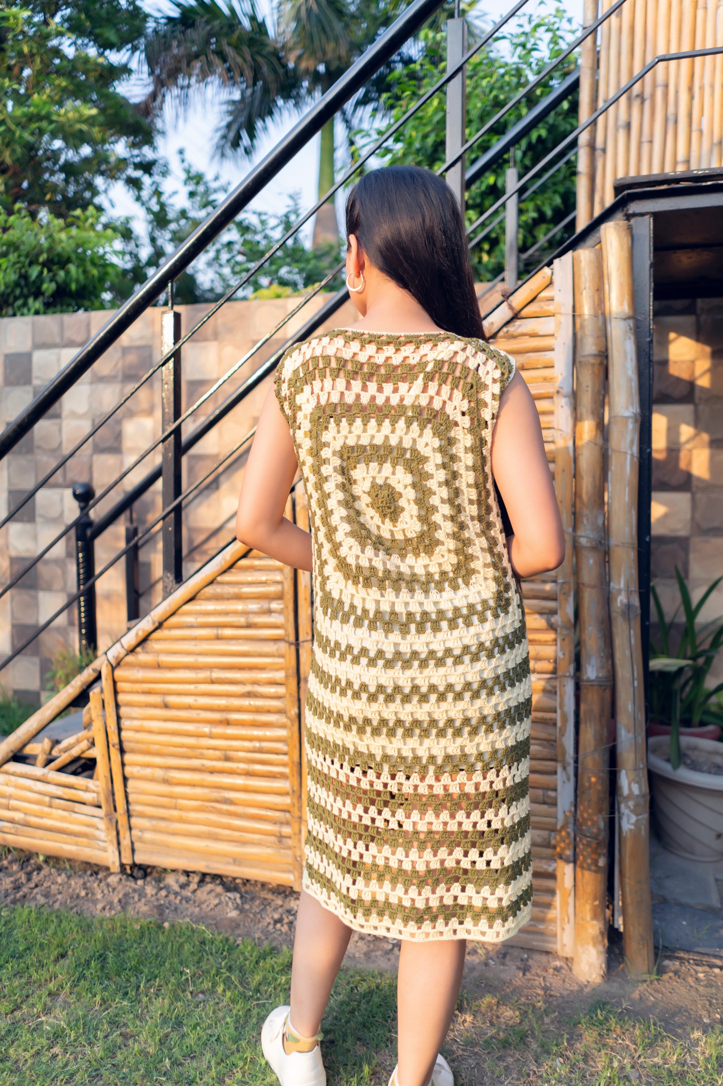 Olive White Handmade Granny Square Dress