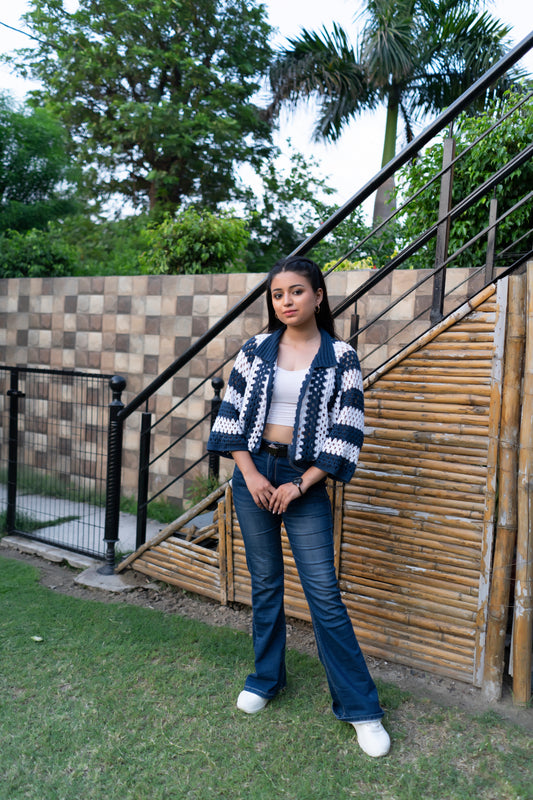 Navy White Striped Handmade Cropped Cardigan