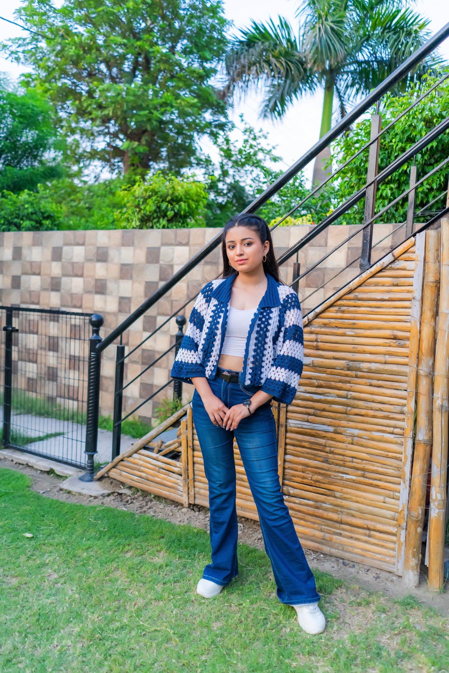 Navy White Striped Handmade Cropped Cardigan