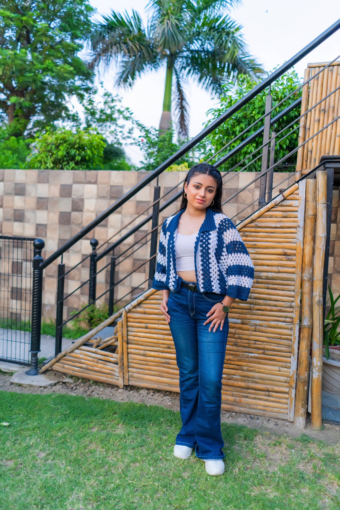 Navy White Striped Handmade Cropped Cardigan