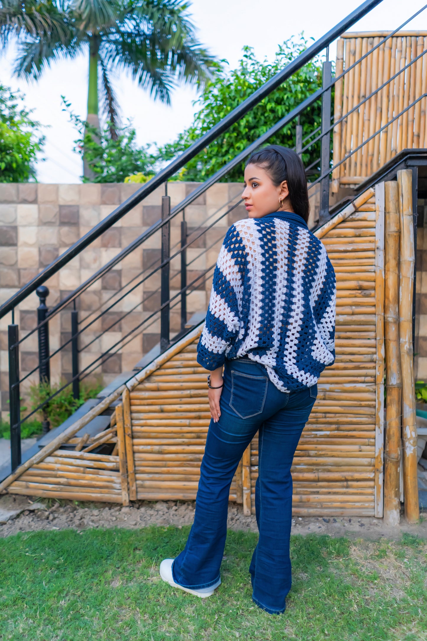 Navy White Striped Handmade Cropped Cardigan