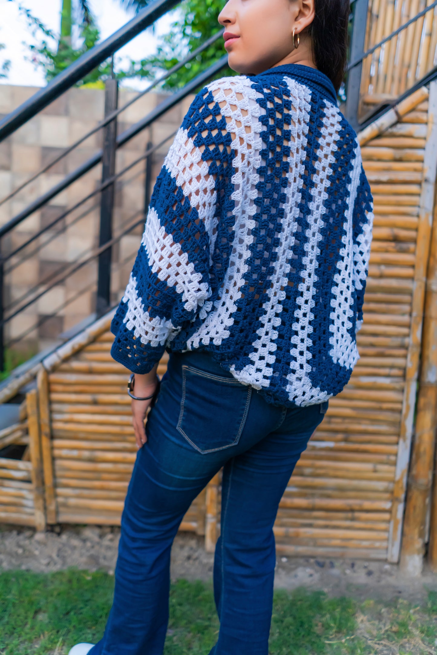 Navy White Striped Handmade Cropped Cardigan