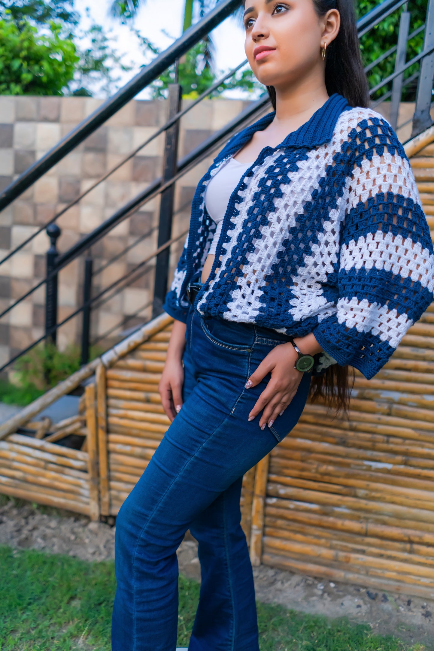 Navy White Striped Handmade Cropped Cardigan