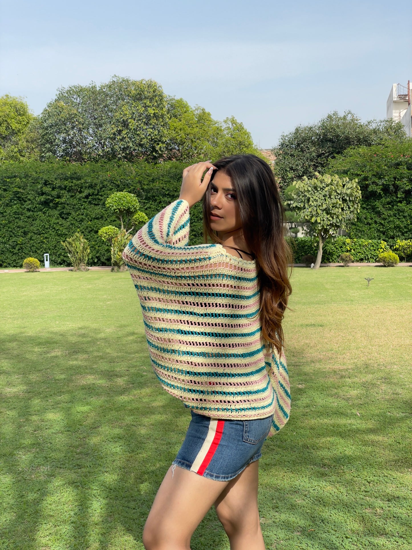 Aqua Candy Stripe Crochet Top