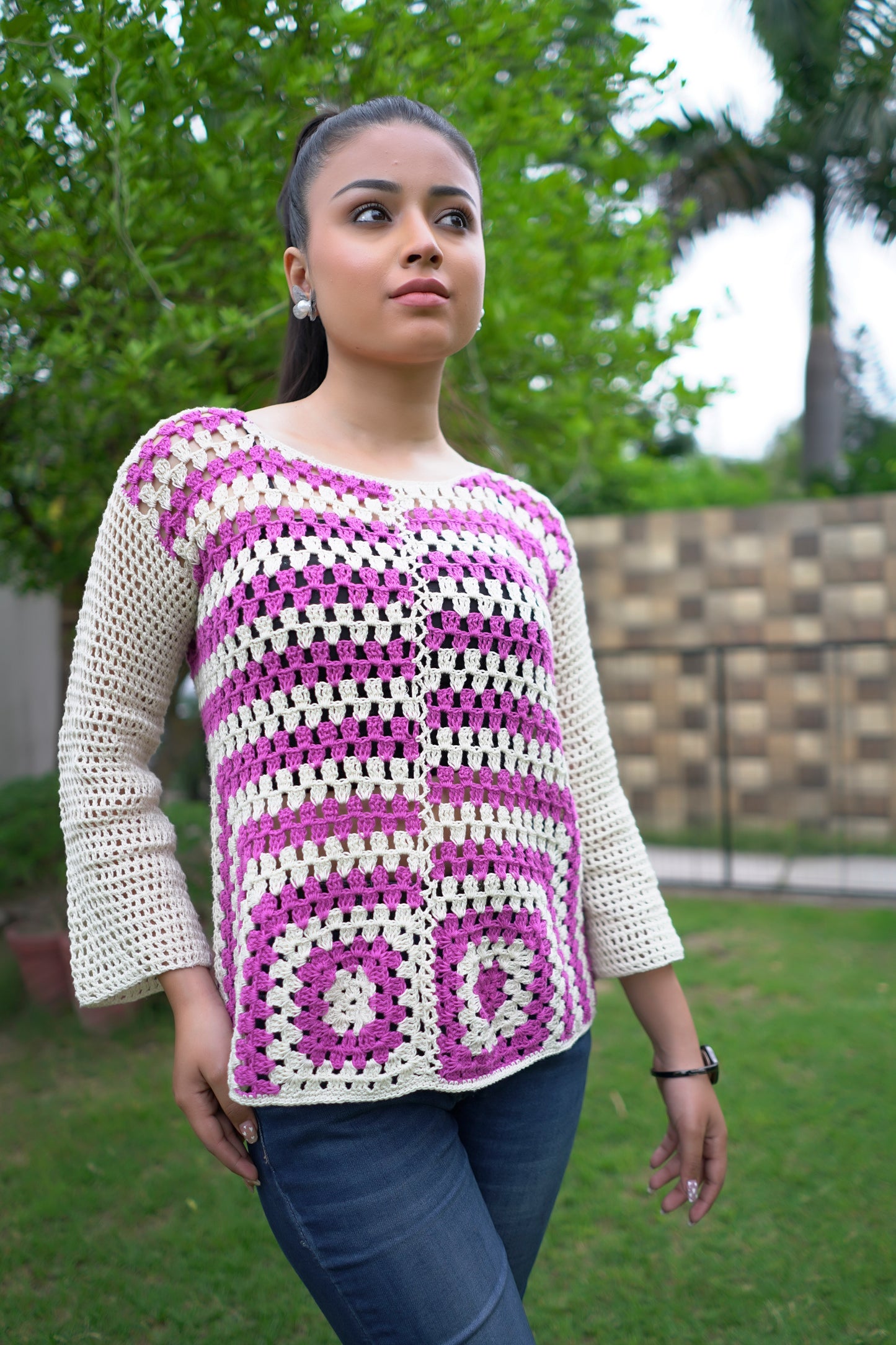 Pink Maroon Handmade Granny Square Dress