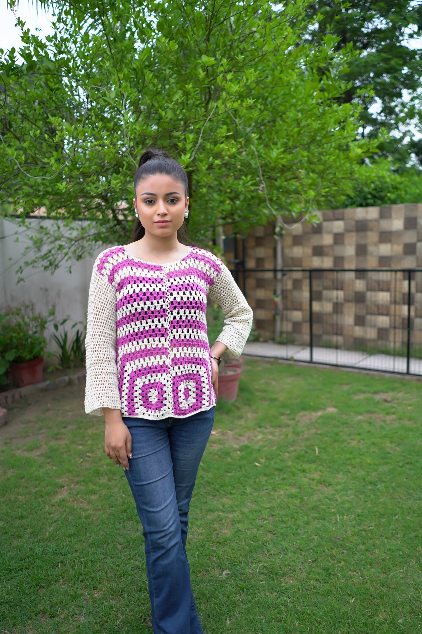 Pink Maroon Handmade Granny Square Dress