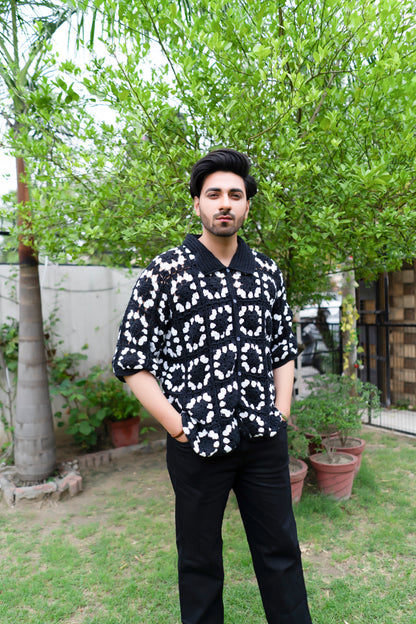 Black & White Grid Crochet Shirt