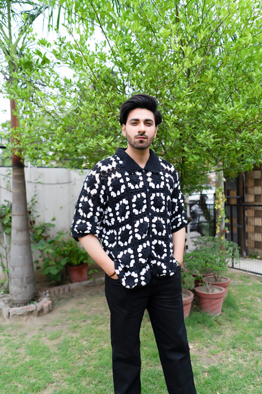 Black & White Grid Crochet Shirt