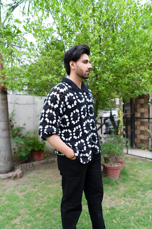 Black & White Grid Crochet Shirt