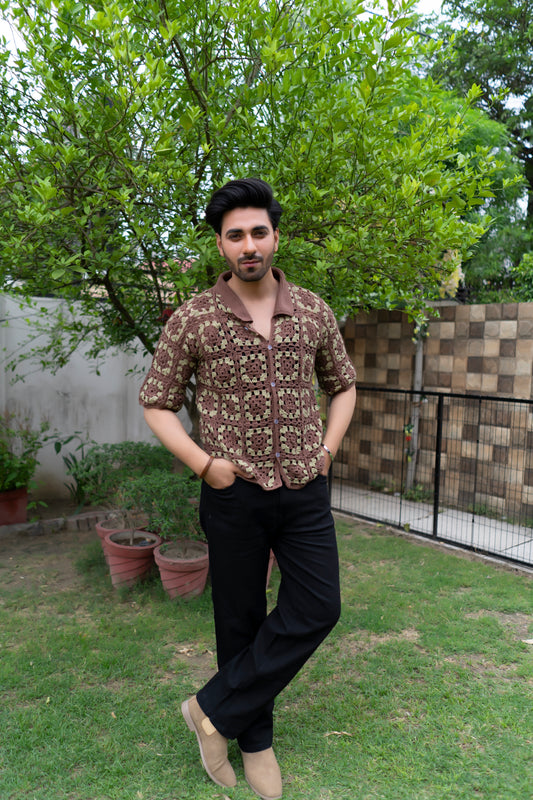 Brown & Beige Granny Square Crochet Shirt