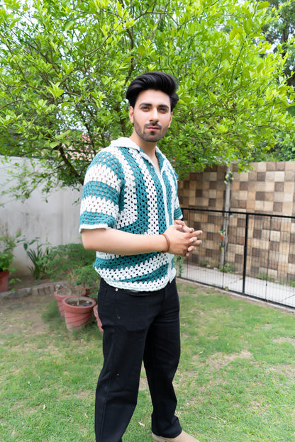 Teal & White Striped Handmade Crochet Shirt