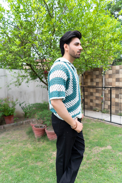 Teal & White Striped Handmade Crochet Shirt