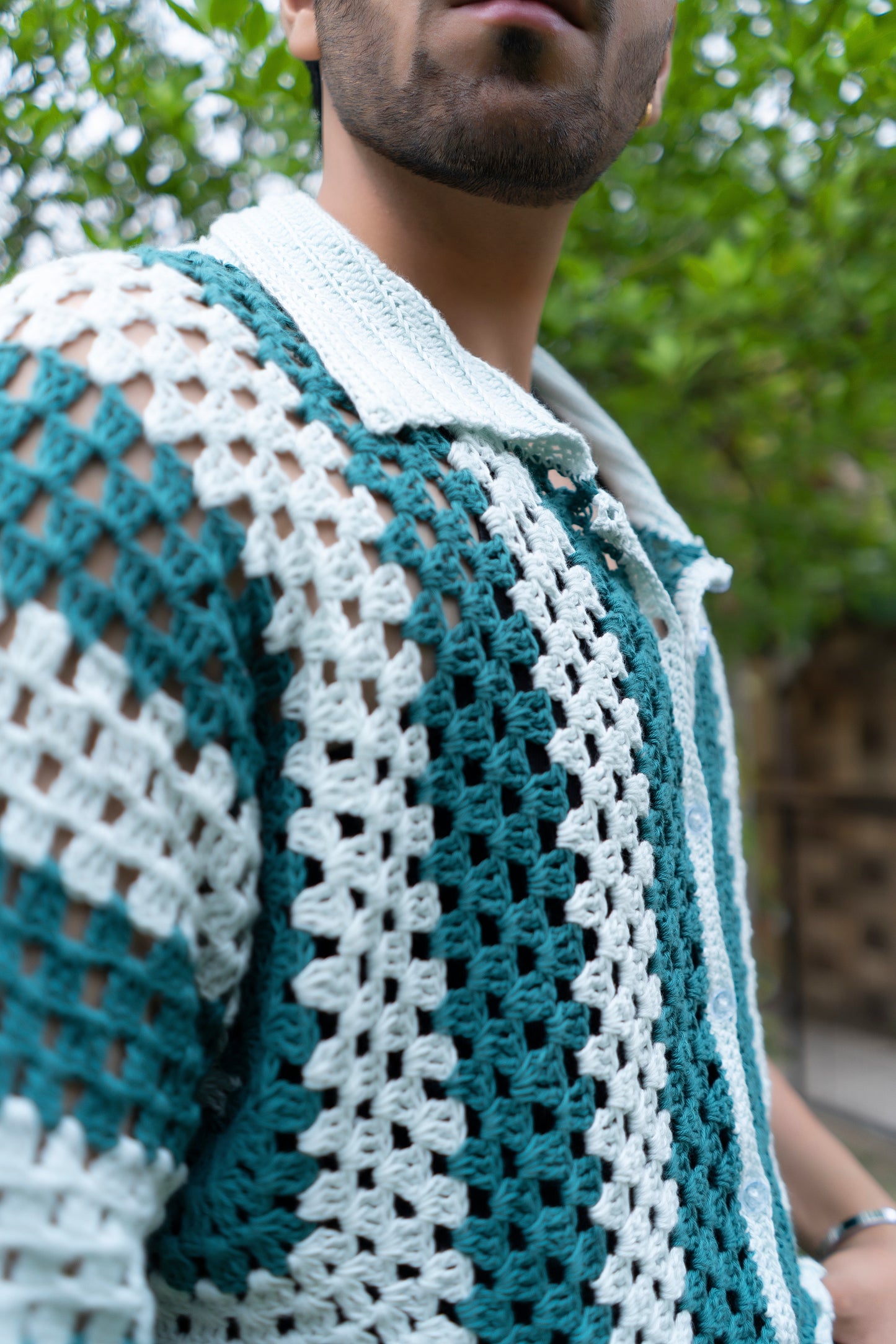 Teal & White Striped Handmade Crochet Shirt