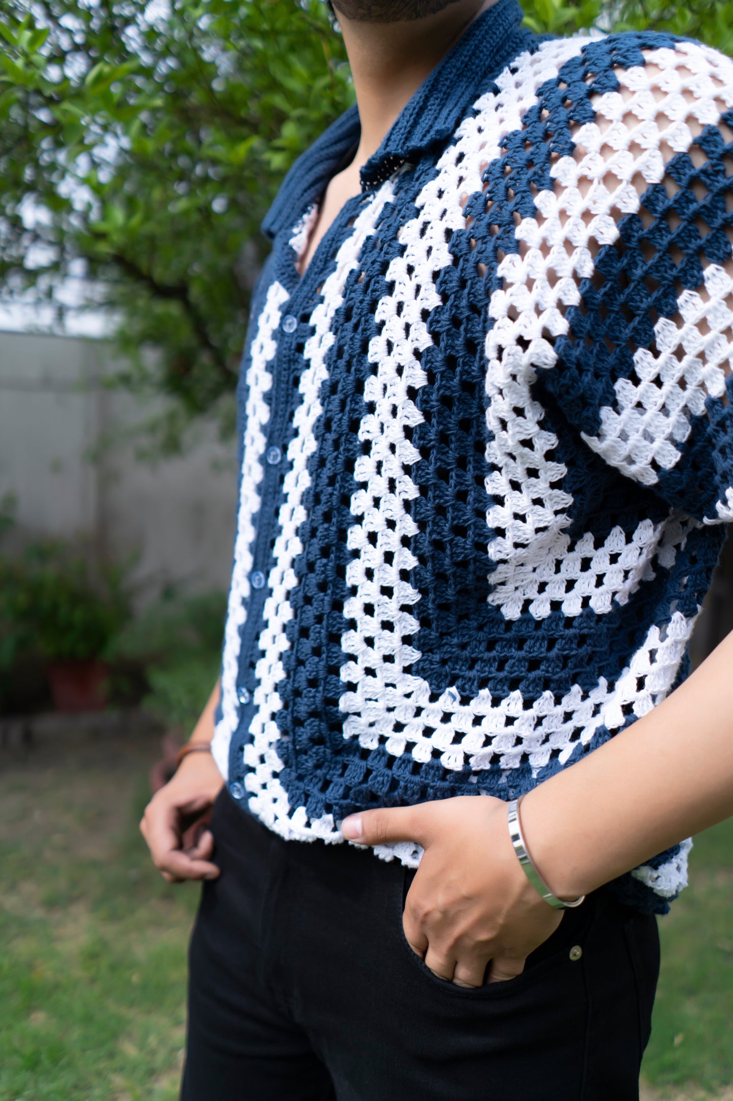Navy & White Striped Handmade Crochet Shirt