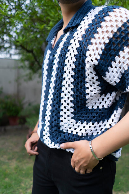 Navy & White Striped Handmade Crochet Shirt