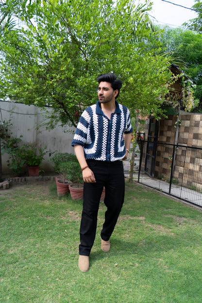Navy & White Striped Handmade Crochet Shirt
