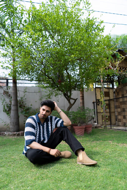 Navy & White Striped Handmade Crochet Shirt