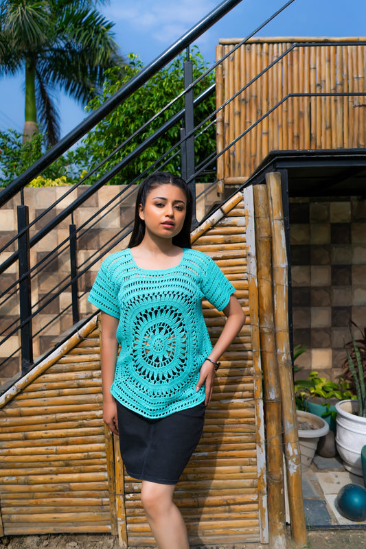Turquoise Circular Motif Handmade Crochet Top