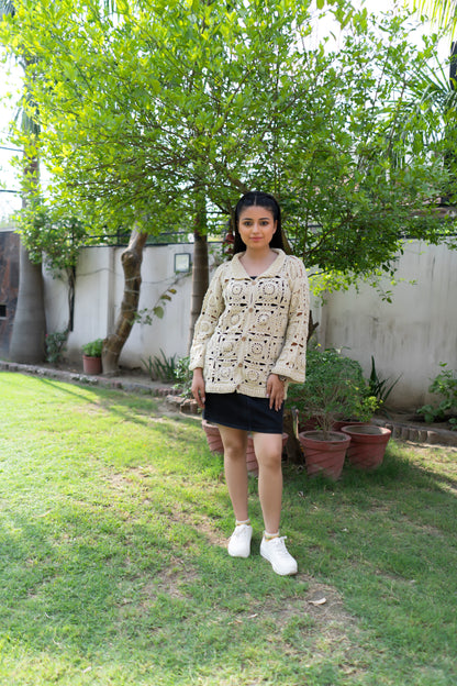 Cream Sunburst Motif Button-Down Cardigan
