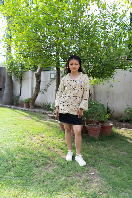 Cream Sunburst Motif Button-Down Cardigan