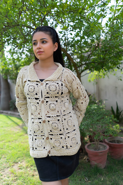 Cream Sunburst Motif Button-Down Cardigan