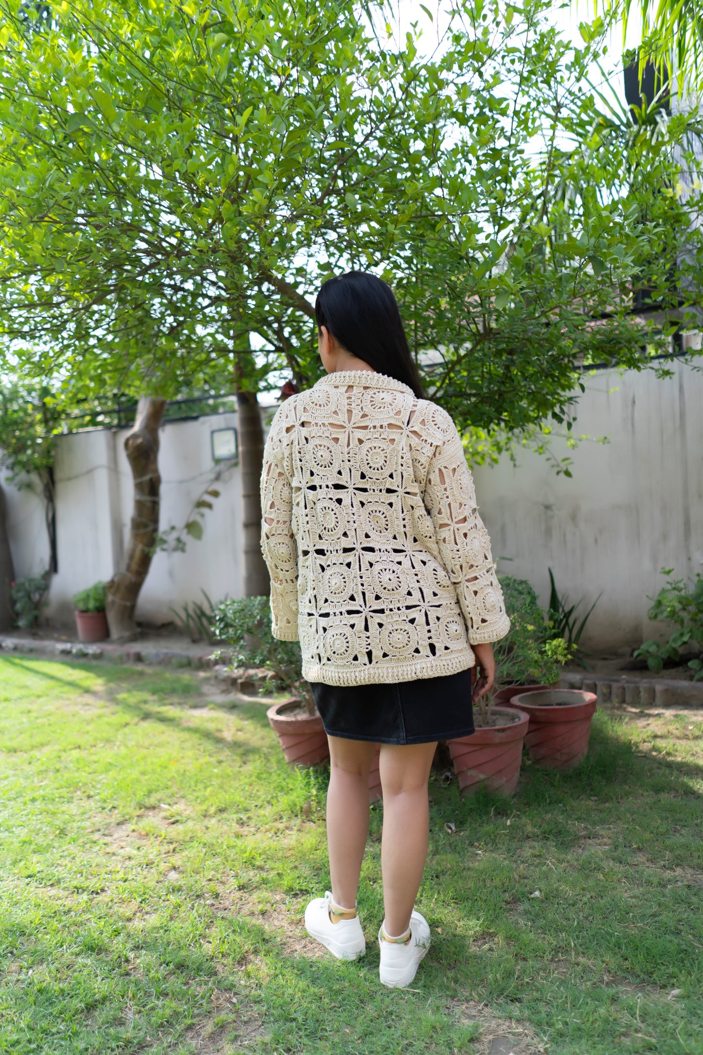 Cream Sunburst Motif Button-Down Cardigan