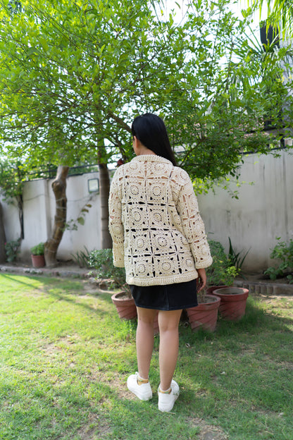 Cream Sunburst Motif Button-Down Cardigan