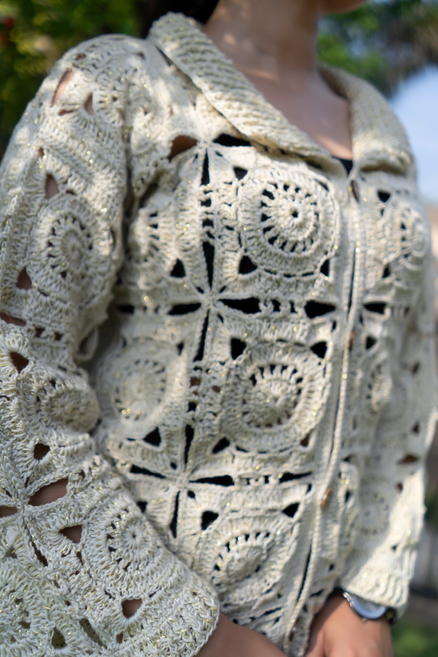 Cream Sunburst Motif Button-Down Cardigan