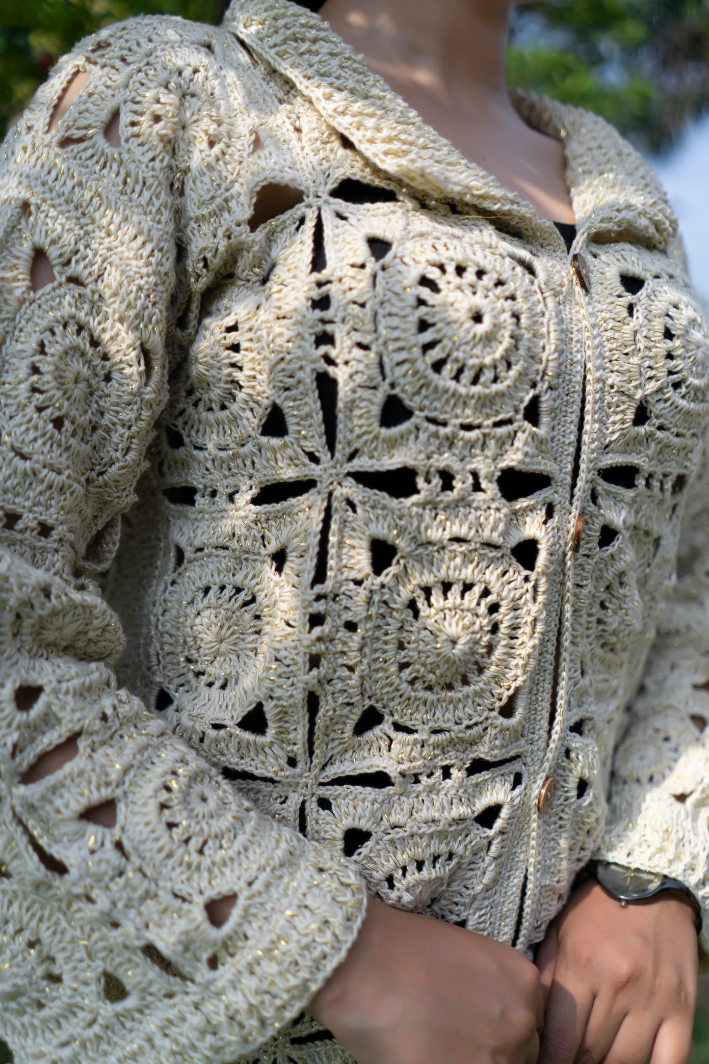 Cream Sunburst Motif Button-Down Cardigan