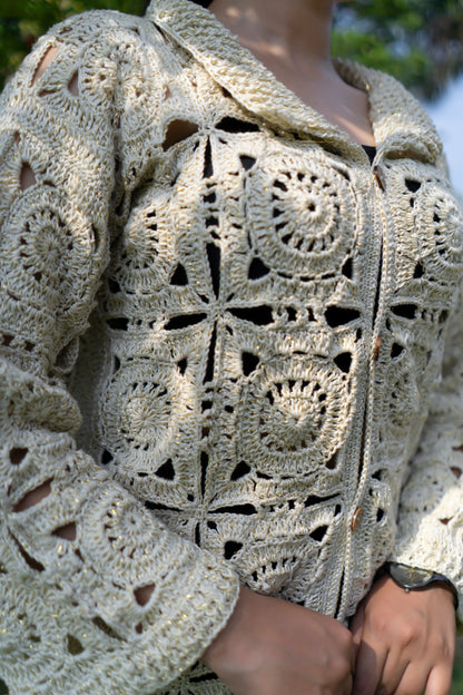 Cream Sunburst Motif Button-Down Cardigan