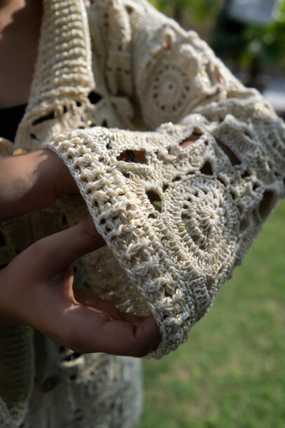 Cream Sunburst Motif Button-Down Cardigan