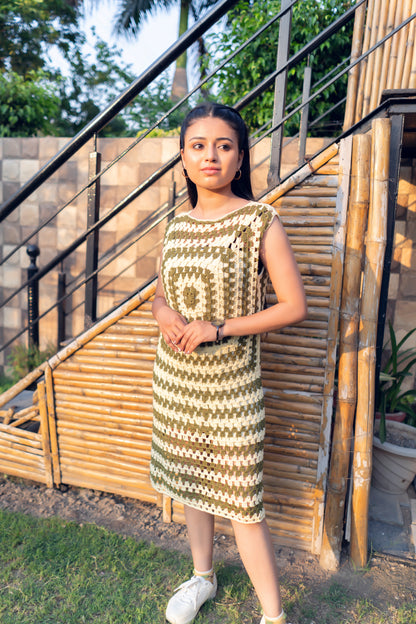 Olive White Handmade Granny Square Dress