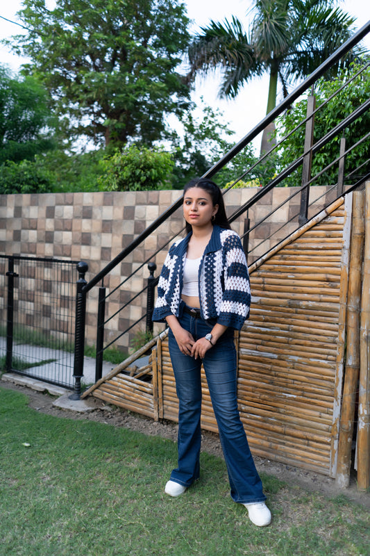 Navy White Striped Handmade Cropped Cardigan