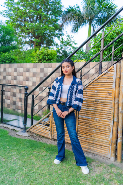 Navy White Striped Handmade Cropped Cardigan