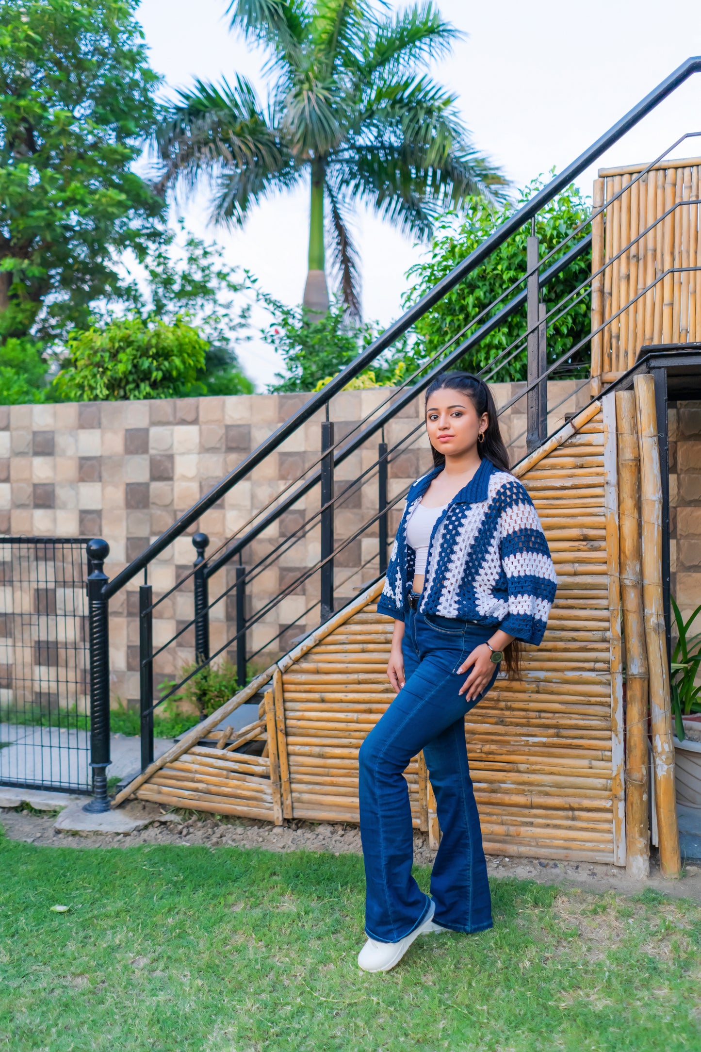 Navy White Striped Handmade Cropped Cardigan