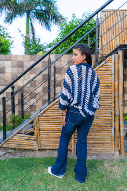 Navy White Striped Handmade Cropped Cardigan
