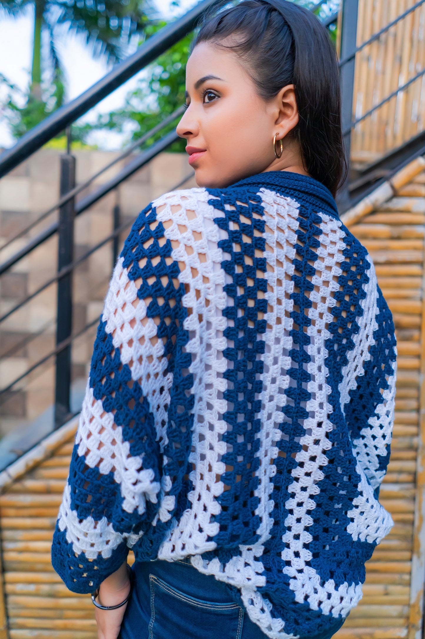 Navy White Striped Handmade Cropped Cardigan